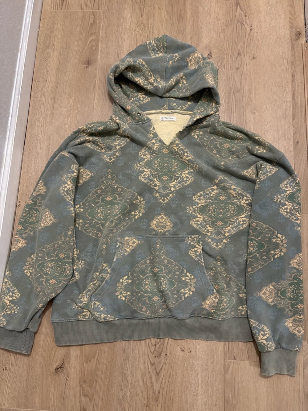 We The Free Distressed Green and Beige Printed Hoodie